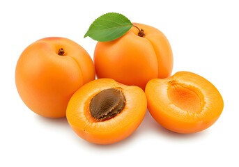 Fresh Apricot Fruit, Halves and Whole with Leaf - Isolated on White Background