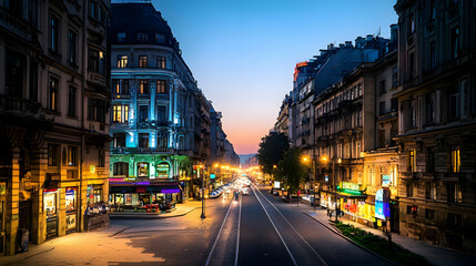 Illuminated European City Street at Dusk with Cobblestone Road and Historic Buildings