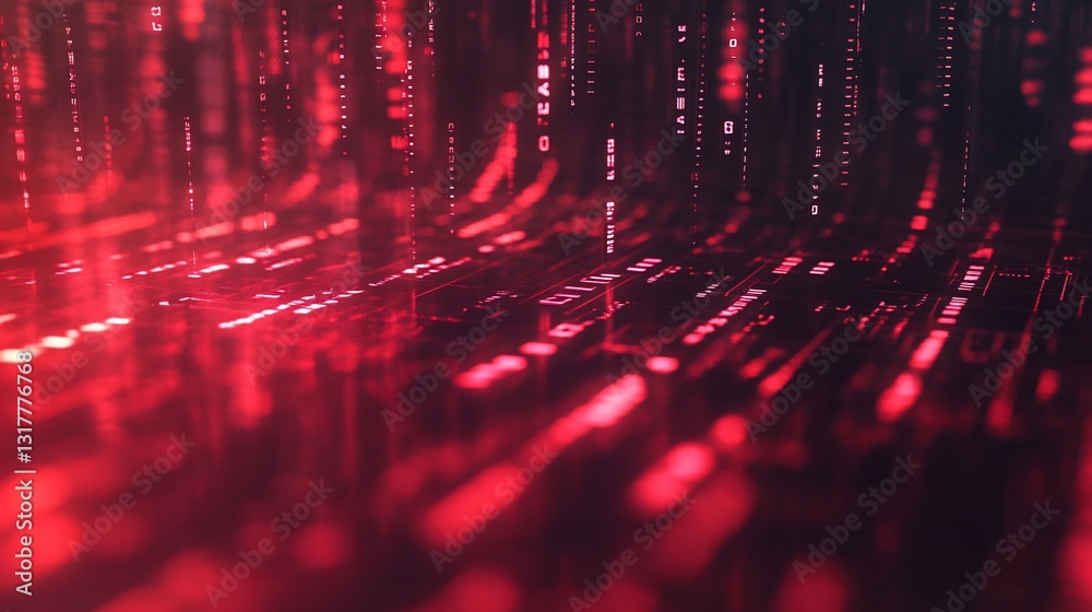 Poster abstract digital landscape red binary code matrix falling data stream cyber technology background