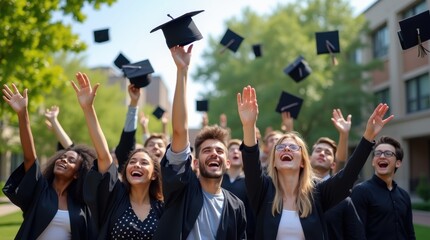 Group of diverse students celebrating by throwing their caps in the air during a university graduation, outdoors, with trees and buildings in the background.