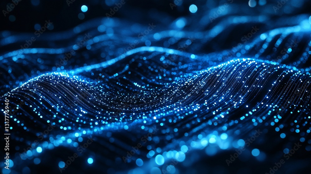 Poster abstract blue digital waves: glowing particle flow dynamic data visualization