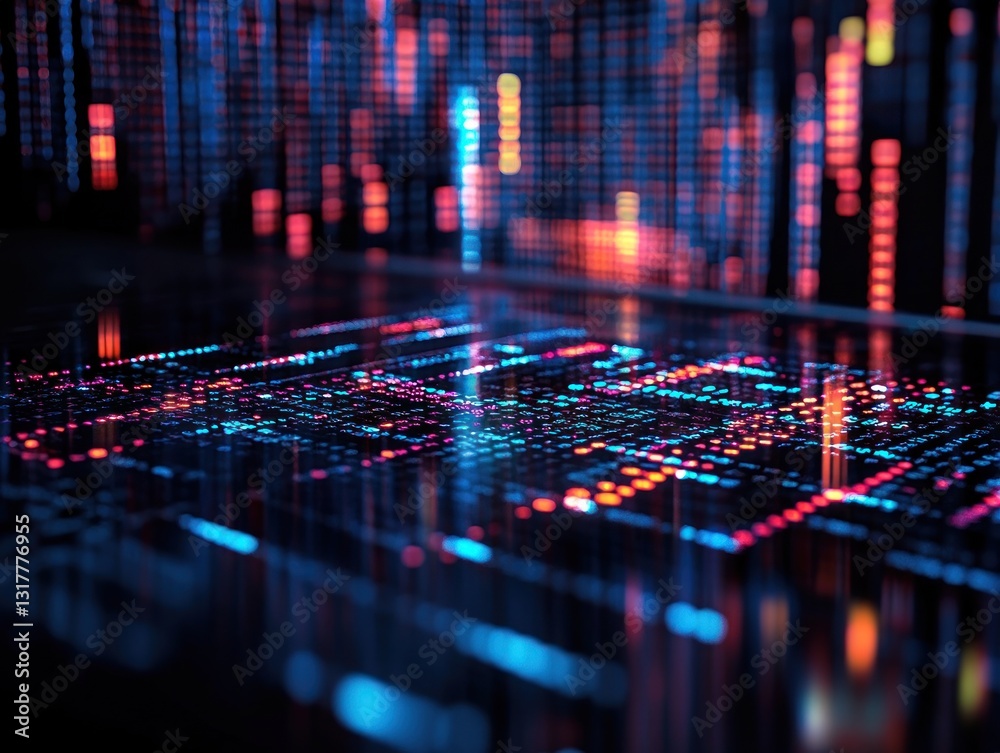 Poster vibrant digital data visualization with colorful patterns reflected