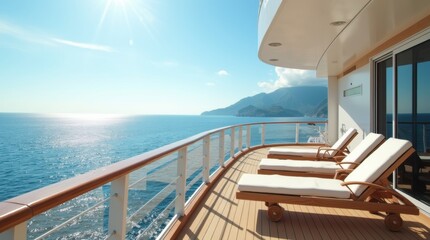 Fototapeta premium A lavish cruise ship deck with lounge chairs and endless ocean under sun, pure holiday bliss.