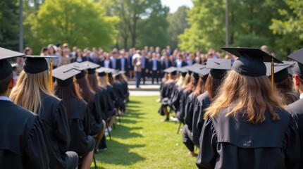 A lively outdoor high school graduation ceremony with students in caps and gowns seated in rows, stage and audience visible, under bright sunlight.