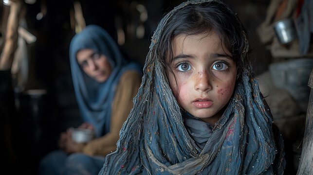 Child in an Indo Pak village home experiencing night terrors as their mother sits nearby trying to comfort them in a dimly lit room
