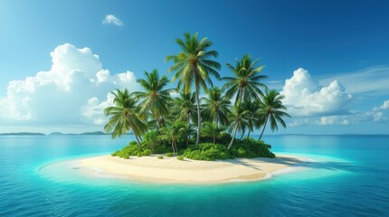 A tranquil tropical island with palms, a turquoise lagoon, and golden sand, a perfect escape haven.