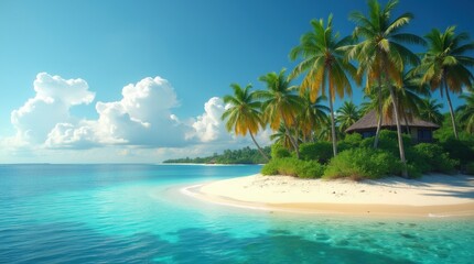 Obraz premium A tranquil tropical island with palms, a turquoise lagoon, and golden sand, a perfect escape haven.