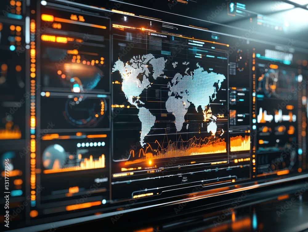 Poster futuristic data dashboard displaying world map and analytics