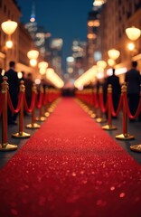 Classic red carpet event photo with gold stanchions. Glamorous movie premiere gala event for VIP guests. Luxurious backdrop for celebrity arrivals, paparazzi. Festive mood of celebration, success,