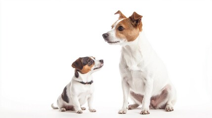 Fototapeta premium Playful Maine Coon Cat and Energetic Jack Russell Terrier Together: Captivating Studio Shot on White Background with Copy Space - Perfect for Pet Lovers and Animal Enthusiasts