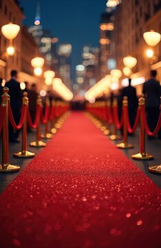 Classic red carpet event photo with gold stanchions. Glamorous movie premiere gala event for VIP guests. Luxurious backdrop for celebrity arrivals, paparazzi. Festive mood of celebration, success,