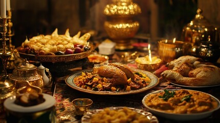 Naklejka premium An opulent eid al-adha dinner feast with cultural dishes in a warm ambiance