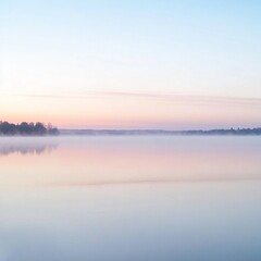 Fototapeta premium Serene Sunrise Landscape: Soft Mist Over Calm Lake with Pastel Reflections, Perfect for Relaxing Music Album Cover - Minimalist Tranquil Composition in Dreamy Atmosphere