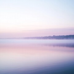 Fototapeta premium Tranquil Sunrise Landscape: Soft Mist Over Calm Lake, Dreamy Pastel Colors Reflected in Water, Ideal for Relaxing Music Album Cover, Minimalist and Peaceful Atmosphere
