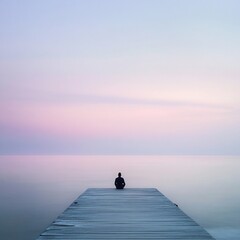 Solitary Figure on a Wooden Dock Gazing at the Ocean Under a Pastel Twilight Sky - Peaceful Ultra-HD Scenery for Meditation and Reflection