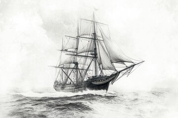 Sailing ship, ocean storm, historic vessel, maritime adventure, nautical art