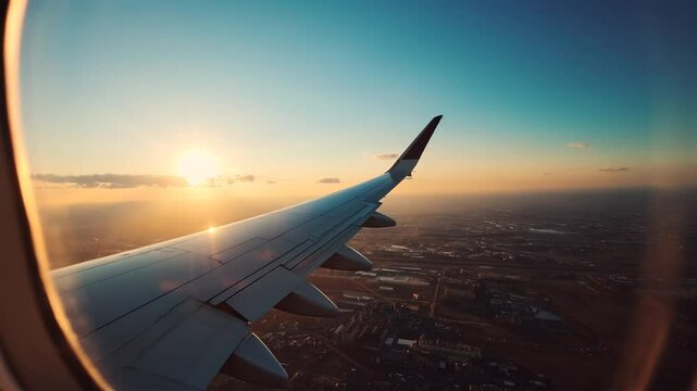 aerial view airplane in the sky at sunset flying over the city 4k drone footage