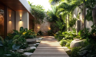 Fototapeta premium Serene Tropical Garden Pathway with Lush Greenery and Modern Architecture