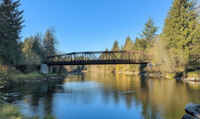 Historic metal bridge spans a calm river under clear blue sky