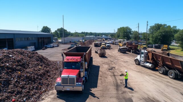 Industrial recycling yard with dump trucks and personnel