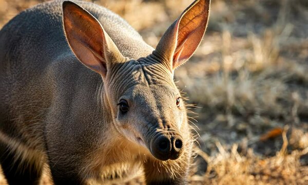 Close-up of aardvark in dry, grassy landscape