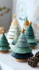 Small decorative wooden Christmas trees with star toppers displayed together