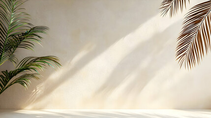 Beige Wall With Palm Leaves Casting Sunlight Shadows Minimal Interior Design Backdrop For Product Presentation With Empty Concrete Floor In Natural