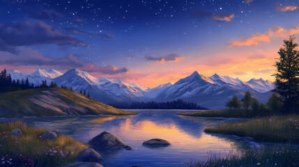 A tranquil mountain river under a starry night sky, with reflections of the shimmering light echoing the serene beauty of an untouched, peaceful landscape. Shimmering Echoes. Illustration