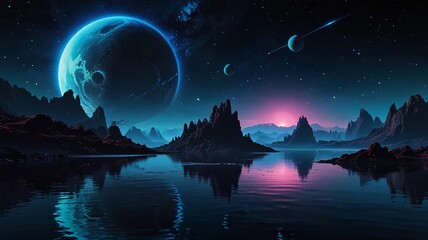 Fototapeta premium Futuristic fantasy landscape, sci-fi landscape with planet, neon light, cold planet. Galaxy, unknown planet. Dark natural scene with light reflection in water
