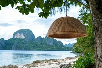 Obraz premium In the shade of a tropical island, a traditionally braided hammock is expertly arranged