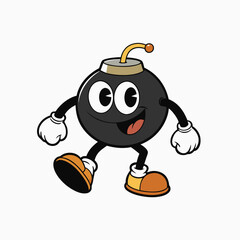 Fototapeta premium Groovy bomb cartoon character with burning wick.Vintage illustration design of walking bomb mascot character with happy Face. Black silhouette