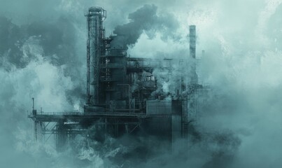 Fototapeta premium Industrial facility surrounded by steam in a remote location
