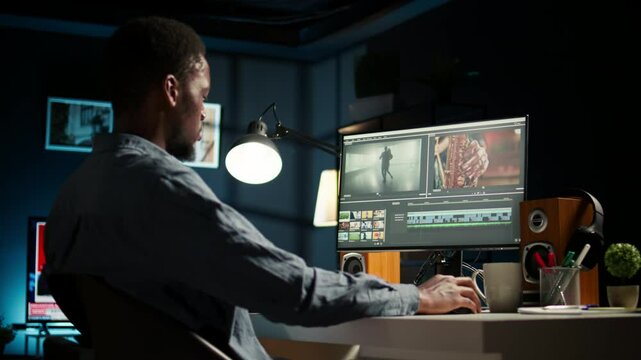 Video maker editing montage clips on coloring software at home, working on color correction and motion graphics to edit footage. Content creator editing clips on toolbar panels. Camera A.