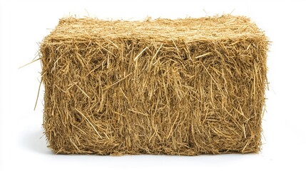 High-Quality Ultra-HD Photography of a Square Bale of Hay on White Background, Showcasing Detailed Texture and Lighting in a Front-Facing View for Perfect Product Presentation