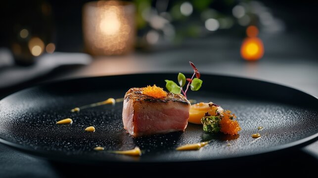 Exquisite gourmet dish on a black plate, featuring seared tuna with vibrant garnishes, elegant plating, and artistic presentation in a fine dining setting with soft candlelight ambiance