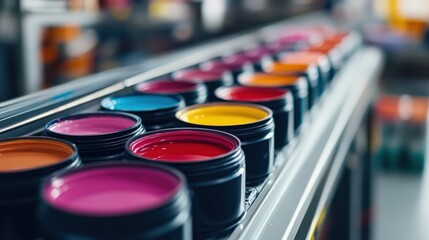 Vibrant paint cans lined up in a workshop, showcasing a spectrum of colors for artistic projects