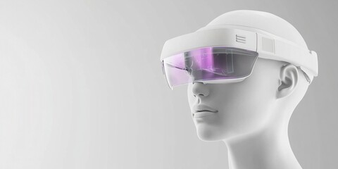 Futuristic Android with Augmented Reality Glasses: Studio Shot of a Hyper-Detailed Synthetic Face Against a Clean Gray Background Featuring Holographic UI Elements
