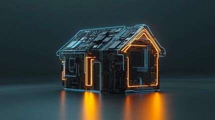 Stunning Studio Image of a Compact Modern House Constructed from E-Waste: A Cyberpunk Recycling Marvel Featuring Circuit Board Walls and Neon Accents, Perfect for Sustainability Campaigns