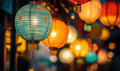 Obraz premium Japanese lanterns illuminating a vibrant night street scene