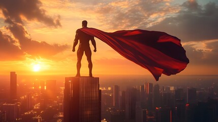 Heroic Vista: A figure stands atop a skyscraper, silhouette against a fiery sunset, embodying strength and heroism in a dynamic urban panorama.