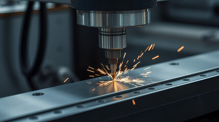 A machine is in the process of cutting metal. Concept of precision and focus, as the machine is working to create a specific shape or design