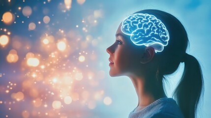 Woman's silhouette with glowing brain illustration against a colorful background 