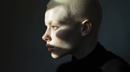 Woman with Albinism Emerging from Shadows in Dramatic Lighting