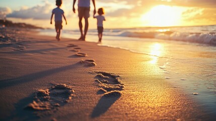 Fototapeta premium Golden memory family walking along the shoreline leaving footprints at sunset