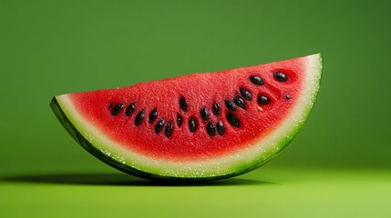 Vibrant Watermelon Slice on Bold Green Background: Hyper-Realistic Studio Shot with Glossy Seeds and Refreshing Moisture Beads - Perfect for Summer Inspiration