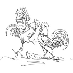 Two Roosters Fighting with Wings Spread and Feathers Flying in a Line Drawing