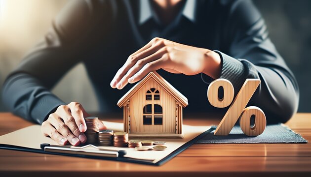 A symbolic representation of real estate and finance, showing the concepts of investment, housing and savings.
