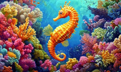 Colorful seahorse swimming among coral in vibrant ocean habitat