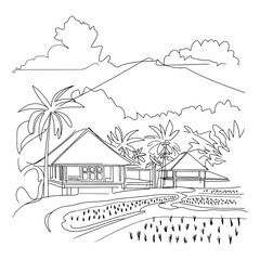 Tropical Village Scene with Rice Fields and Mountain Background Line Art