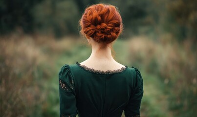 Beauty historical Early american pioneer woman with red hair and dark green dress outdoors. Back view.